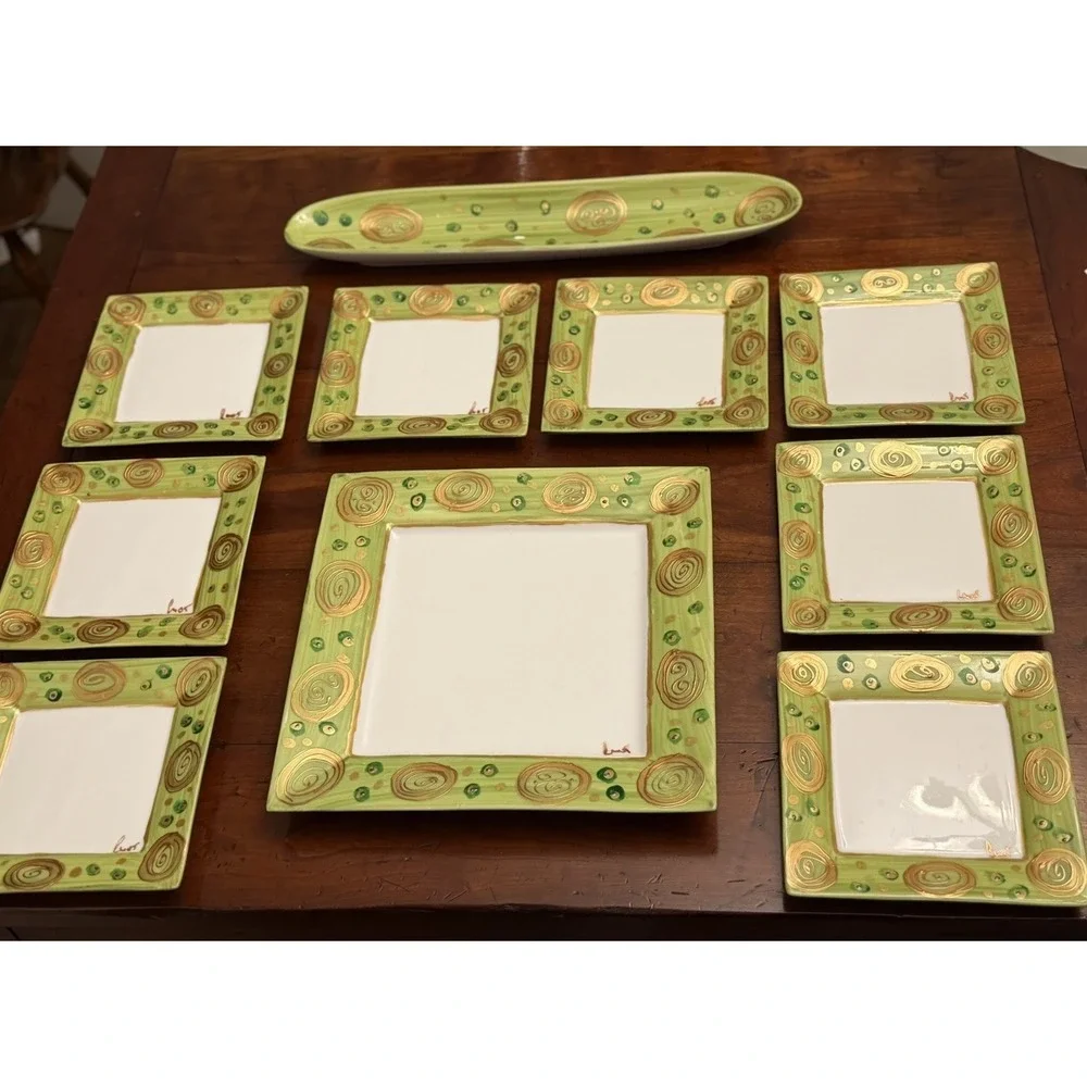 Vintage Mayfair & Jackson 9-Piece Square‎ Plate Set Green Metallic Gold Swirls